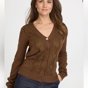 Laura Knitted Cardigan Sweater Lace Detail Coffee Brown
